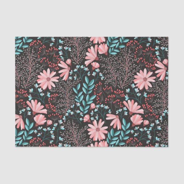 Papel De Seda Padrão Floral Rosa e Escuro-Teal (Frente )