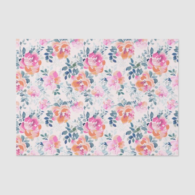 Papel De Seda Padrão Floral Rosa e Teal (Frente )