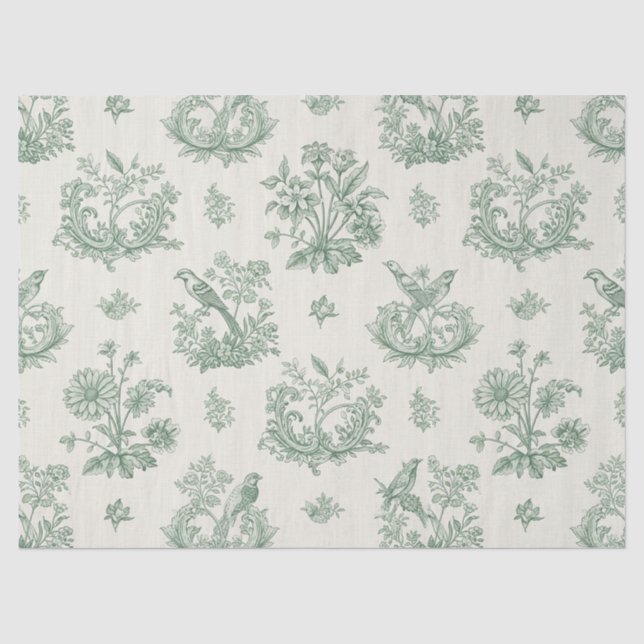 Papel De Seda Padrão Floral Toile de Ave em Verde Hortelã Vintag (Frente )