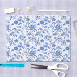 Papel De Seda Padrão Floral Toile Vintage Azul Branco
