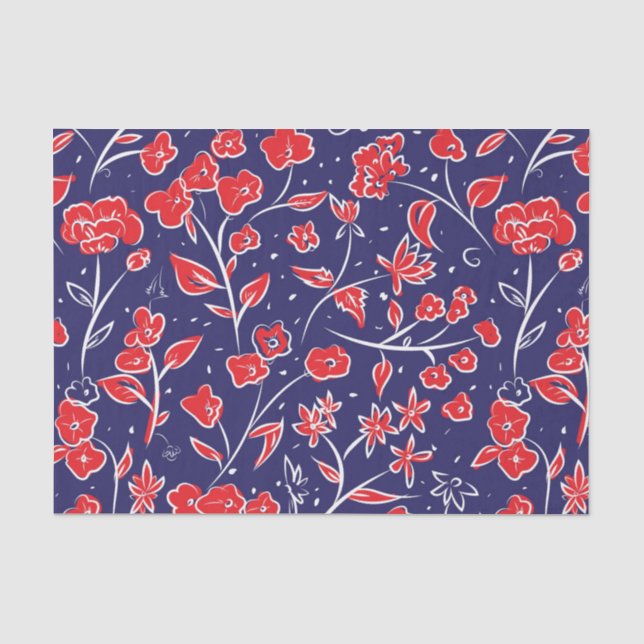 Papel De Seda Padrão Floral Vermelho e Azul (Frente )