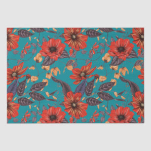 Papel De Seda Padrão Floral Vermelho e Teal