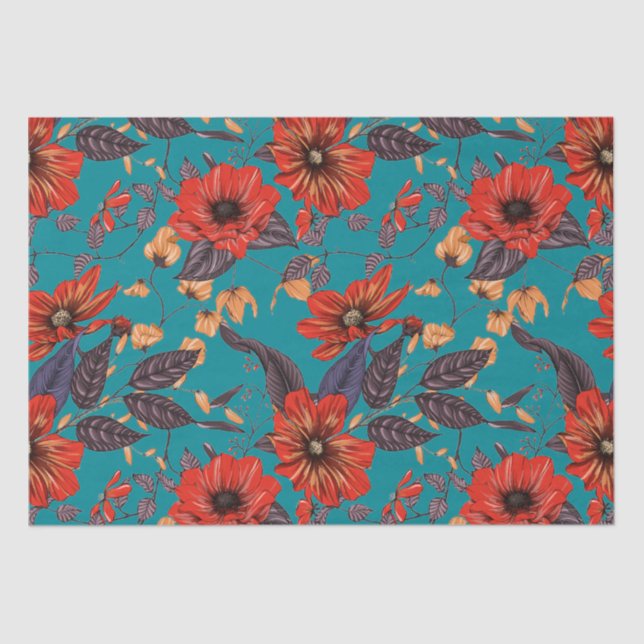 Papel De Seda Padrão Floral Vermelho e Teal (Frente )