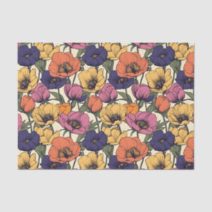 Papel De Seda Padrão Floral Vibrante com Papagaios Coloridos