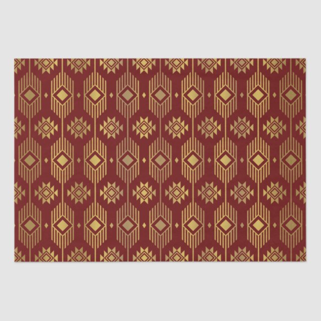 Papel De Seda Padrão geométrico de ikat vermelho e dourado (Frente )