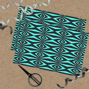 Papel De Seda Padrão Geométrico de Op Art Azul Turquesa e Preto 