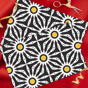 Papel De Seda Padrão Geométrico Mosaico Branco Preto e Amarelo