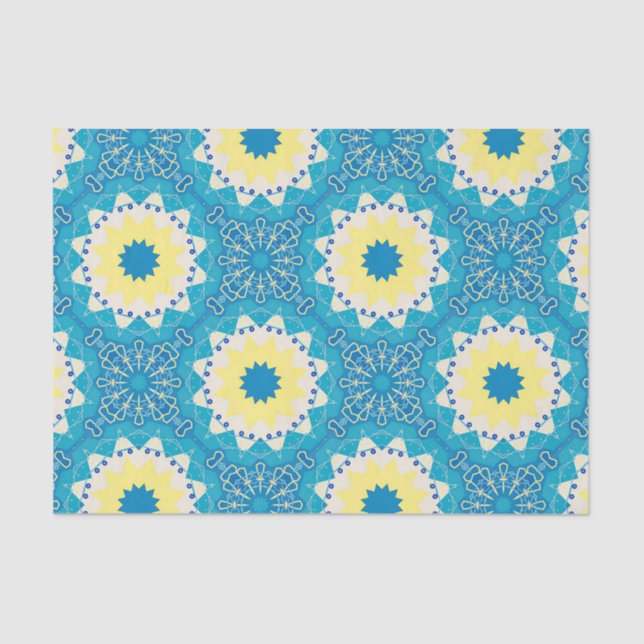 Papel De Seda Padrão Geométrico Ornamental Azul Trendy & Amarelo (Frente )