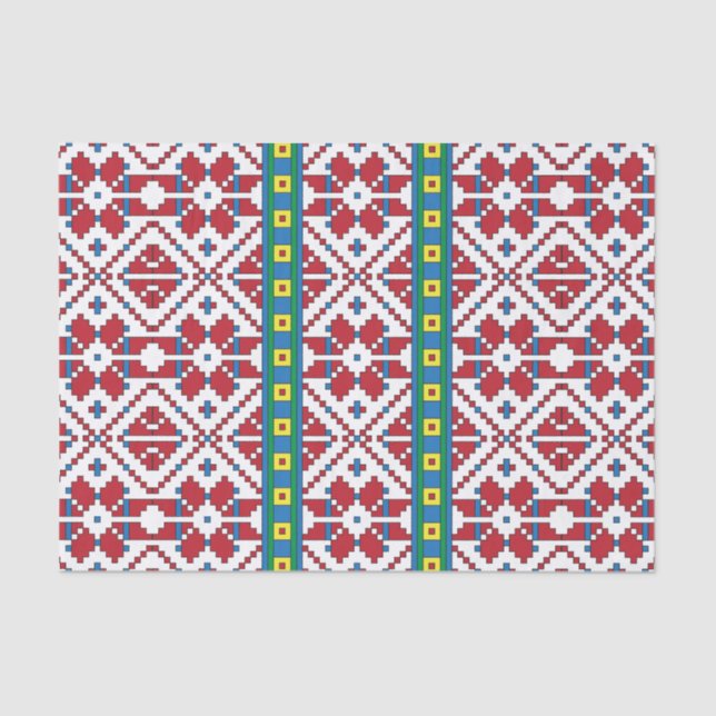 Papel De Seda Padrão geométrico tribal vermelho, azul e estrela  (Frente )