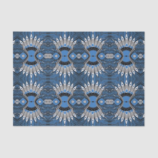 Papel De Seda Padrão Gráfico de pena Azul Boho (Frente )