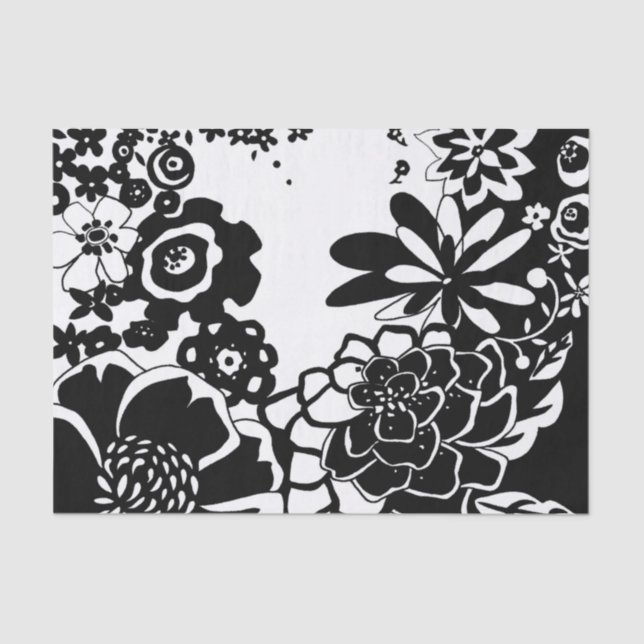 Papel De Seda Padrão Gráfico do Jardim Floral Negro e Branco (Frente )
