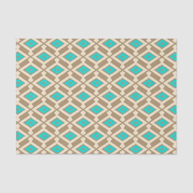 Papel De Seda Padrão Ikat - Turquesa, Taupe e Beige (Frente )