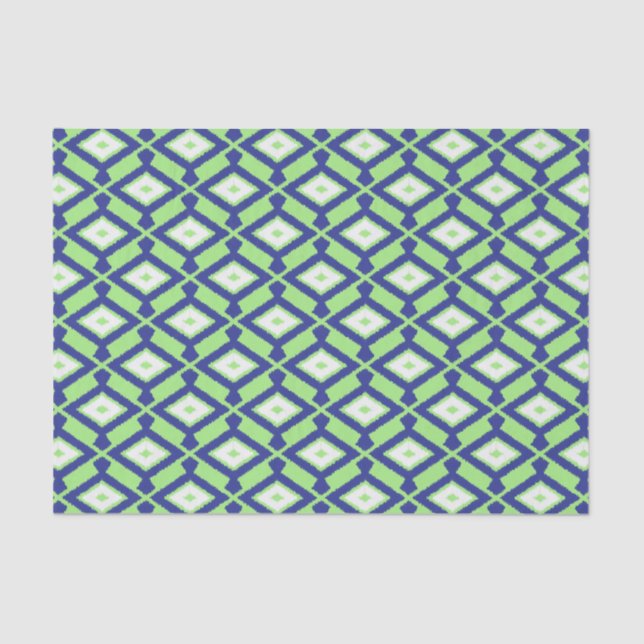 Papel De Seda Padrão Ikat - Verde, Azul Indigo e Branco (Frente )