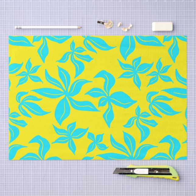 Papel De Seda Padrão Ilustrado de Flores Azuis (Arte )