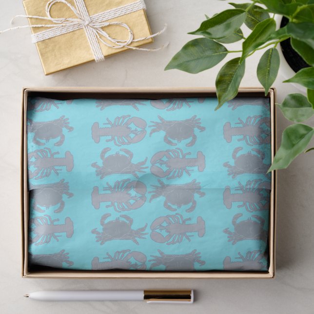 Papel de Seda Padrão Lagostas Caranguejos Azul (Presente)