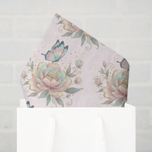 Papel De Seda Padrão Mágico de Rosa e Borboleta em Cores Pastel