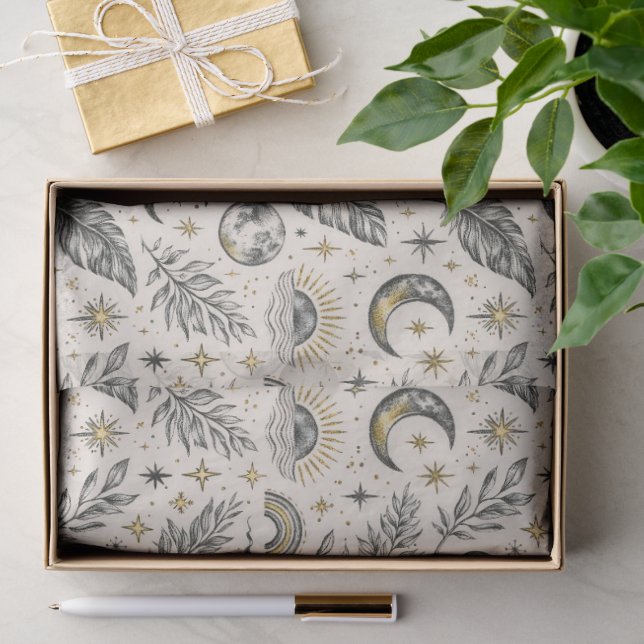 Papel De Seda Padrão Místico Celestial de Lua e Estrelas (Presente)
