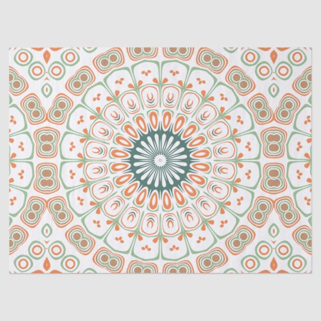 Papel De Seda Padrão Moderno de Mandala Laranja e Verde (Frente )