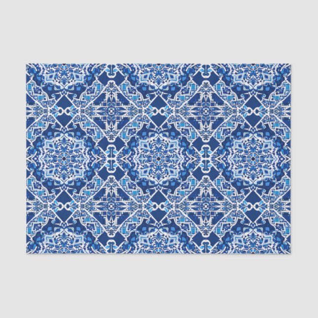 Papel De Seda Padrão mosaico em Indigo e Cobalto Azul (Frente )