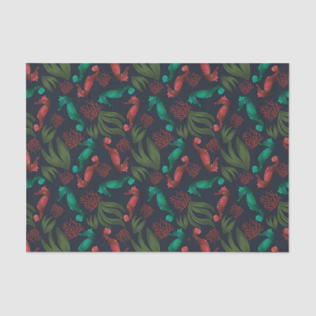 Papel De Seda Padrão Náutico Azul do Cavalo da Água (Frente )