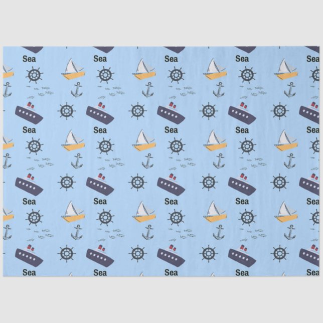 Papel De Seda Padrão náutico de navio no azul (Frente )