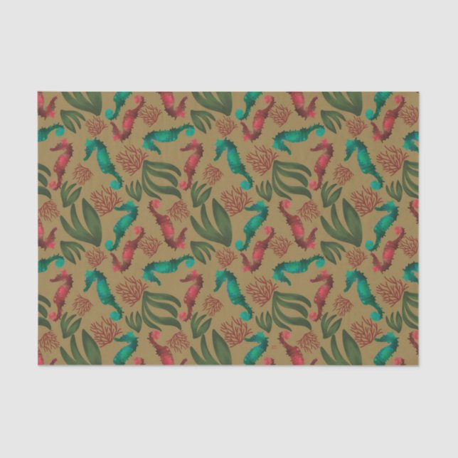 Papel De Seda Padrão Náutico do Cavalo do Mar com Aquarela (Frente )