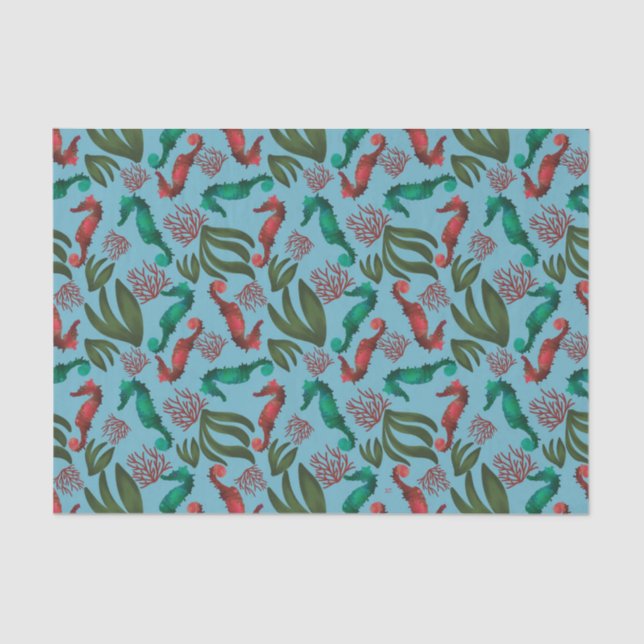 Papel De Seda Padrão Náutico do Cavalo do Mar de Aquarela (Frente )