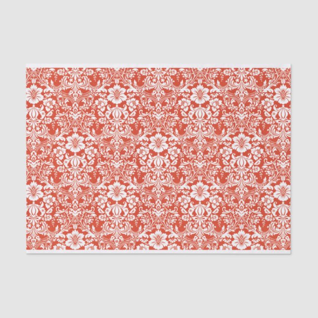 Papel De Seda Padrão Ornamental do Damasco Vermelho e Branco (Frente )