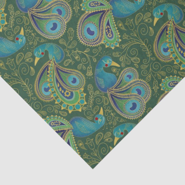 Papel De Seda Padrão Paisley de Pavão Verde (Detalhes)