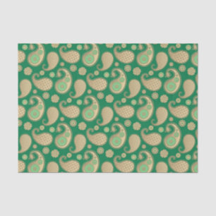 Papel De Seda Padrão Paisley, Dourado suave no Emerald Green