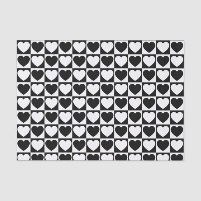 Papel De Seda Padrão Preto e Branco Verificado com Corações (Frente )