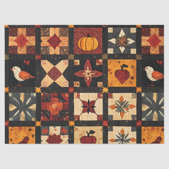 Papel De Seda Padrão Rustic Autumn Patchwork Quilt | Farmhouse (Frente )