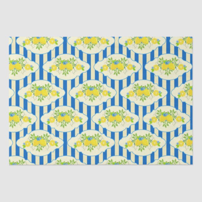 Papel De Seda Padrão Summery Blue Stripes & Lemons and Leaves (Frente )