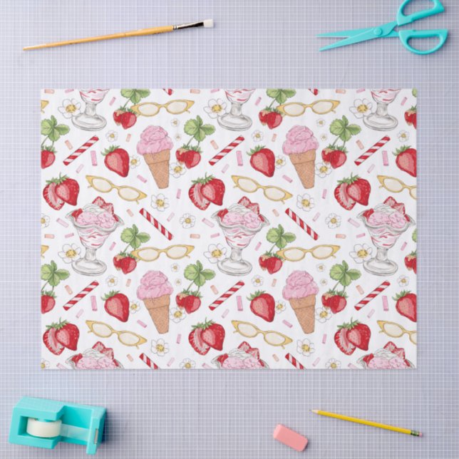 Papel De Seda Padrão Sundae de Morango (Arte )