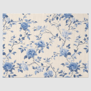 Papel De Seda Padrão Toile Floral Vintage Azul (6)