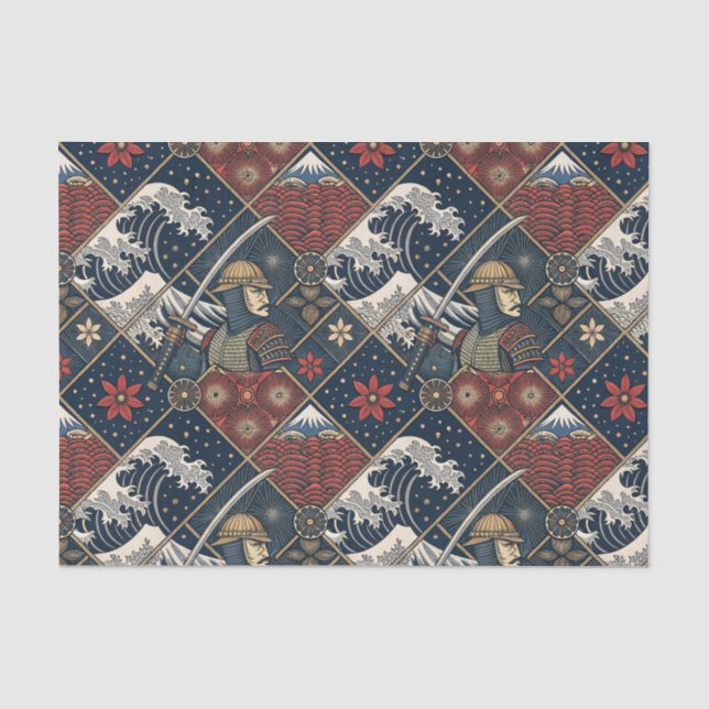 Papel De Seda Padrão Tradicional Japonês de Samurai & Grande Ond (Frente )