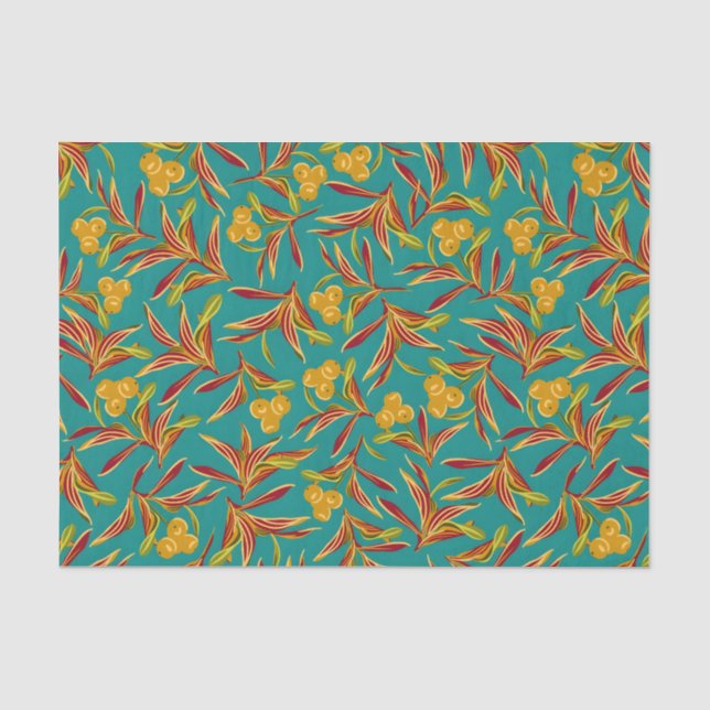 Papel De Seda Padrão Tropical com Folhas Vermelhas e Amarelas (Frente )