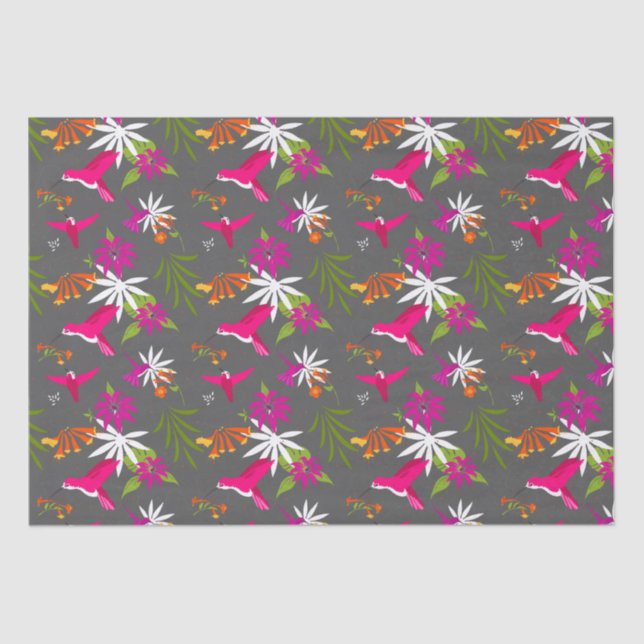 Papel De Seda Padrão Tropical Hummingbird and Flowers (Frente )