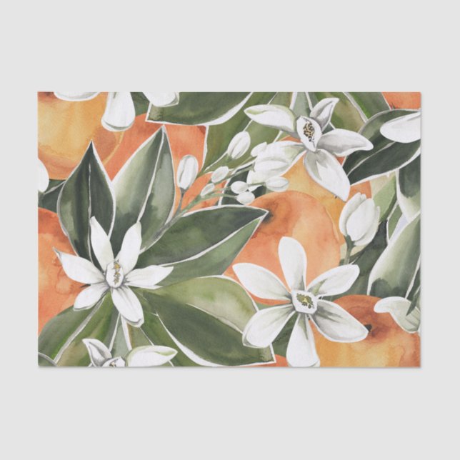 Papel De Seda Padrão Tropical Laranja e Flores de Água (Frente )