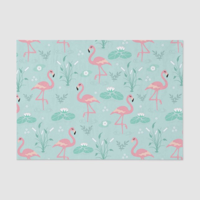 Papel De Seda Padrão Verde Flamingos Rosa Pastel (Frente )