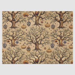 Papel De Seda Padrão Vintage Haunted Trees & Pumpkin Lanterns