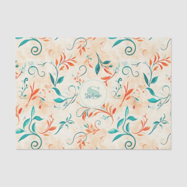 Papel De Seda Padrão Whimsical Blue e Red Paisley Leaf (2) (Frente )