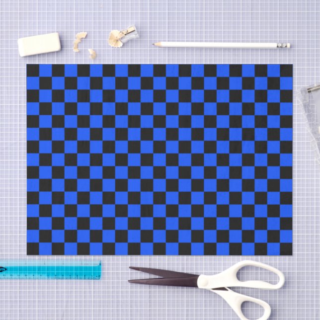Papel De Seda Padrão xadrez azul e preto (Arte )