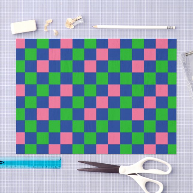 Papel De Seda Padrão Xadrez Azul Verde Rosa Design  (Arte )