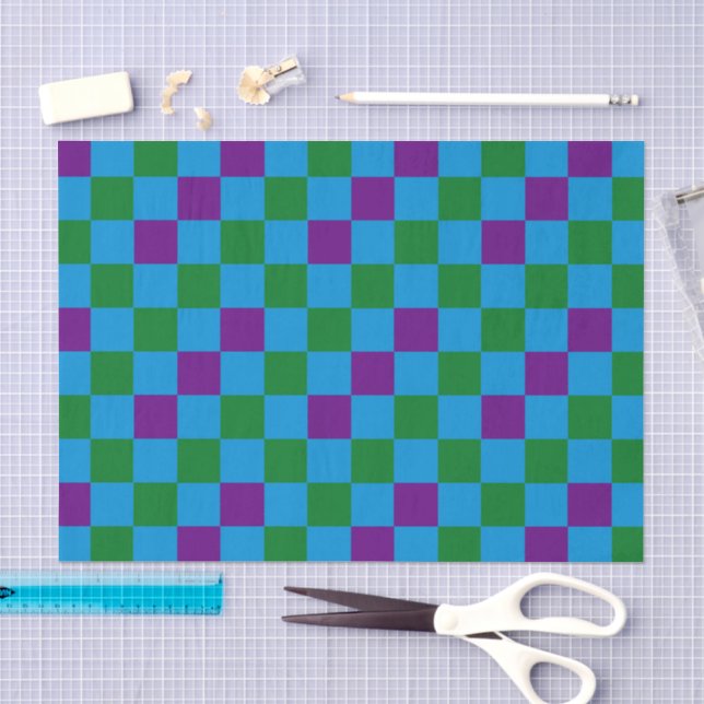 Papel De Seda Padrão Xadrez Azul Verde Roxo Design  (Arte )