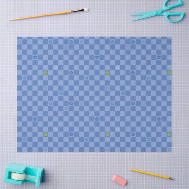 Papel De Seda Padrão Xadrez de Flores Nº 01 - Azul Claro (Arte )