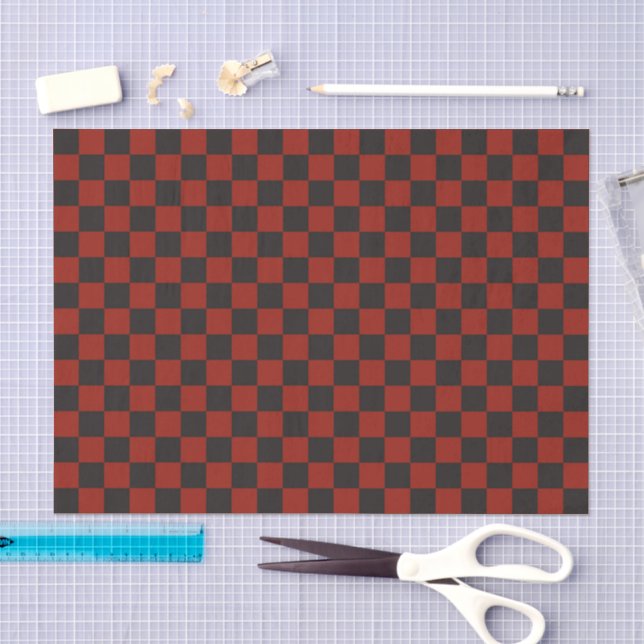 Papel De Seda Padrão xadrez preto e vermelho profundo (Arte )