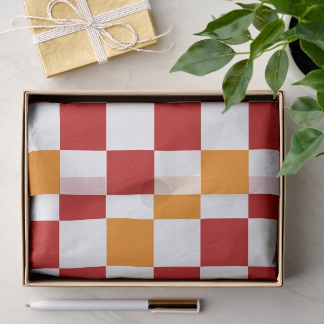 Papel De Seda Padrão Xadrez Vermelho Branco Laranja (Presente)