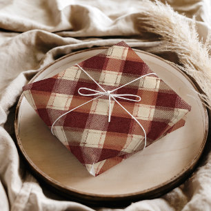 Papel De Seda Padrão Xadrez Vermelho Ferrugem Laranja Creme Rúst