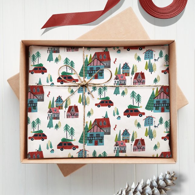 Papel De Seda Padrões de Natal da Vila Nórdica de Patinagem (Cute Nordic skating Village Christmas Pattern Tissue Paper)